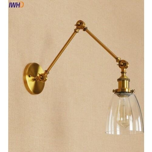 IWHD Antique Retro Vintage Wall Lamp Gold Glass Shade Loft Industrial Edison Sconce Lighting Adjustable Long Arm Wall Light