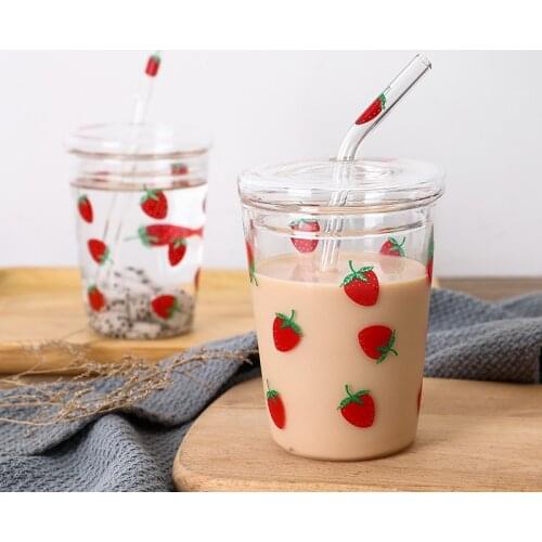 Creative Milk Cup 350ml Small Fresh Strawberry Glass with Lid Breakfast Cup Transparent Heat-resistant Straw Cup Coffee Cup
