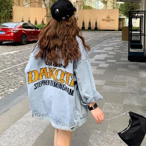 2021 Spring Autumn New Vintage Denim Jacket Womens Loose Print Letter Long Sleeve Outwear Female Casual Jeans Jackets BF Tops