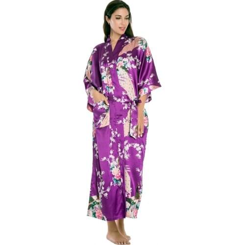 Hot Purple Chinese Bridesmaid Wedding Robe Faux Silk Kimono Gown Printed Nightgown Sleepwear Flower S M L XL XXL 3XL D125-01