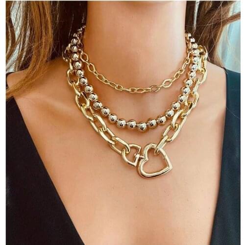 Retro multi-layer metal round bead clavicle necklace womens heart-shaped pendant necklace gold fashion multi-layer necklace
