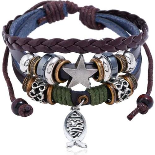 Handmade Multilayer Leather Bracelet Star Fish Charms Beads Bracelets for Men Women Vintage Punk Rock Wrap Wristband Jewelry