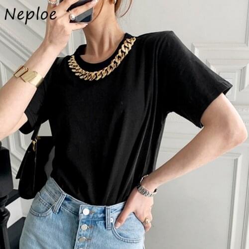 Neploe O Neck Beading Patchwork Short Sleeve T Shirt Women Summer 2021 New Loose Tees Loose Causal Simple Ladies Top Femme
