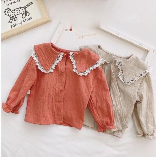 New Spring Baby Girls Solid Color Floral Collar Long-sleeved Shirt