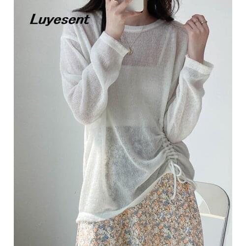Solid Color Lady Casual Thin Pullover Sweater Autumn Women Draw String O Neck Long Sleeve Loose Knit Sweaters Elegant Sexy Tops