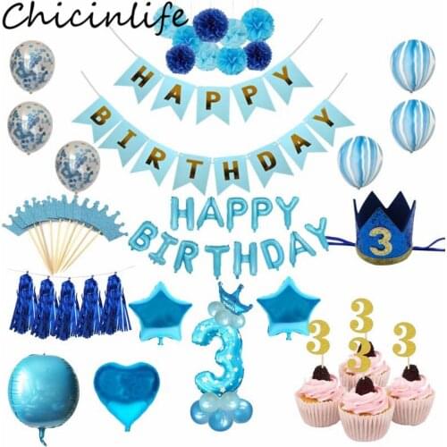 Chicinlife Boy Girl 3th Birthday Party Decor Blue Pink Banner Foil Balloon Cupcake Toppers Crown Hat Happy Birthday Suppplies