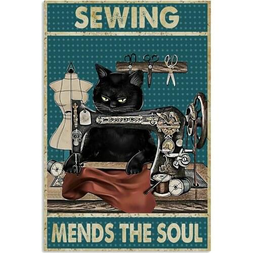 Sewing Mends The Soul Black Cat Tin Sign Wall Art Shabby Chic Home Decor Plaque Wall Poster