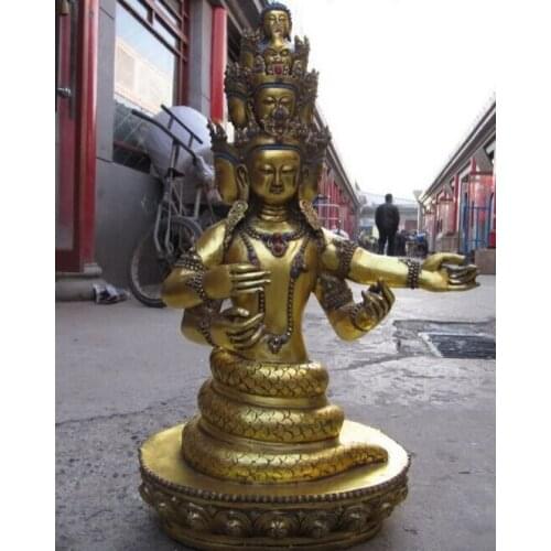 USPS to USA S1001 23"Hindustan Buddhism Bronze gild snake God with Kwan-Yin Buddha Statue