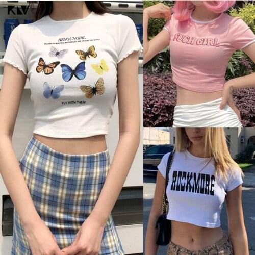 Women Teen Girls Summer Short Sleeve T-Shirt Cartoon Rainbow Daisy Butterflies O-Neck Navel Crop Top Party Bodycon Streetwear