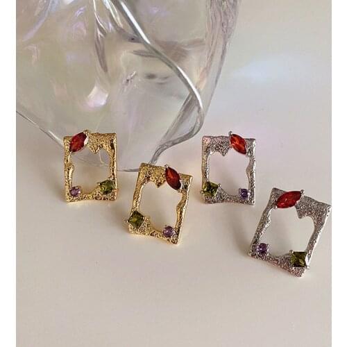 TARCLIY Trendy Geometric Square Irregular Hollow Metal Rhinestone Stud Earring Exaggerated Creative Design Women Jewelry 202105