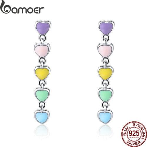 BAMOER Romantic Genuine 925 Sterling Silver Rainbow Heart Enamel Drop Earrings for Women Fashion Sterling Silver Fashion Jewelry