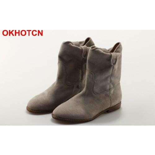 OKHOTCN Women Ankle Boots Suede Autumn Shoes Flat Cow Suede Retro Distressed Biker Boots Women Motorcycle Boots Shoes New Cool