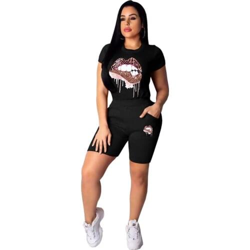 2021 Women Two Pieces Sets Summer Tracksuits Mouth Print Tee Tops Shorts Leggings Suit Fitness Sporty Fashion Outfits