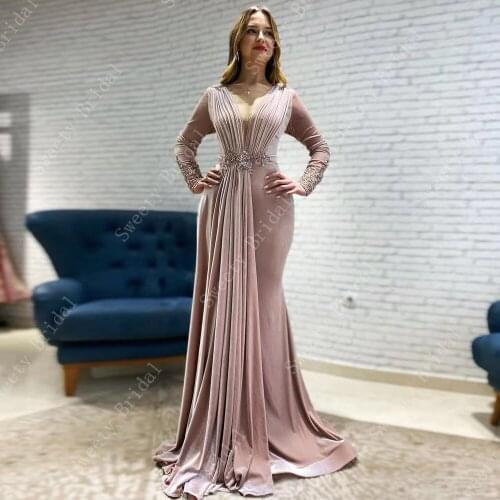 2021 Velvet Mermaid Evening Dresses Sexy Deep V Neck Long Sleeves Crystal Pleated Formal Prom Gowns Party Robe De Soiree