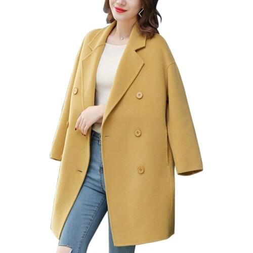 Women Coats Winter new Casual warm Wool & Blends Outerwear female yellow elegant Double Breasted Wool jacket