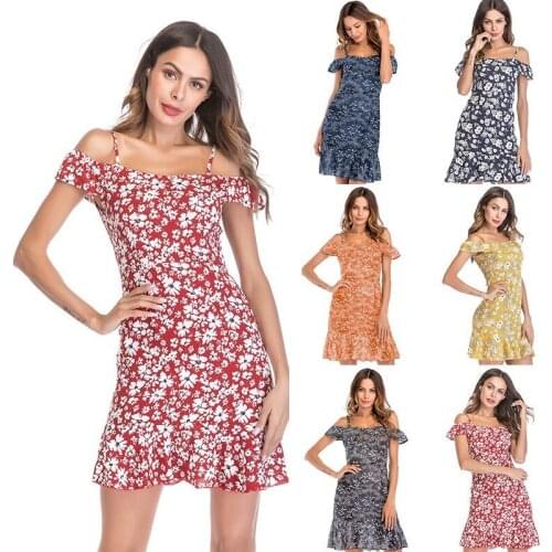 European and American chiffon flower shoulder drop belt flounces leaf edge dress woman