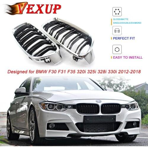 1Pair Electroplated Glossy Black Double Slat Front Kidney Grille Grill For BMW 3Series F30 F31 F35 320i 325i 328i 330i 2012-2018