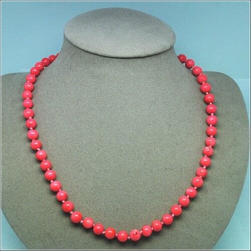 Pink coral necklace round ball shape size 45cm length choker necklace knotted women necklaces size 8mm