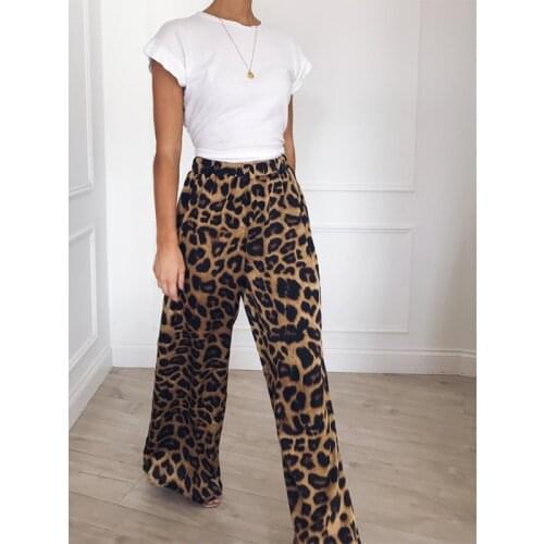 2020 Fashion Womens Wide Leg Pants High Waist Leopard Snake Printed Loose Casual Long Pants Palazzo Plus Size