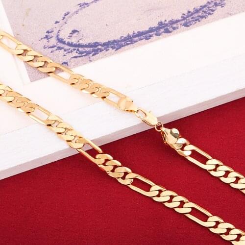24K Gold Necklace Jewelry Mens Small Medium Big Size Figaro Chain Brass Necklace
