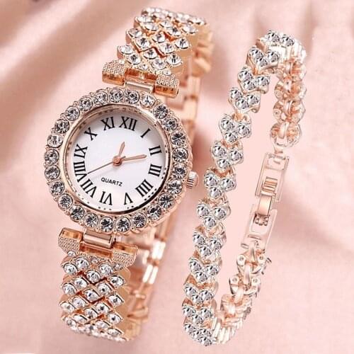 3pcs/set Womens Rose Gold Color Crystal Full Steel Rhinestone Quartz Watch with Diamond Cuff Bangle Gifts Box Set Women Montres