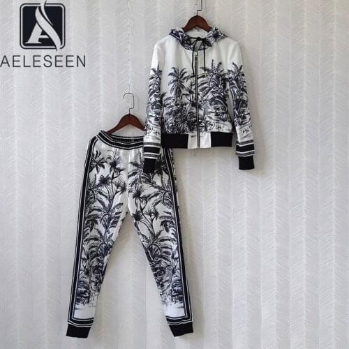 AELESEEN 2021 Autumn Winter Women Casual Sets Runway Fashion With Hat Jacket+Full-Lenght Pants Holiday Sports Ladeis Twinsets