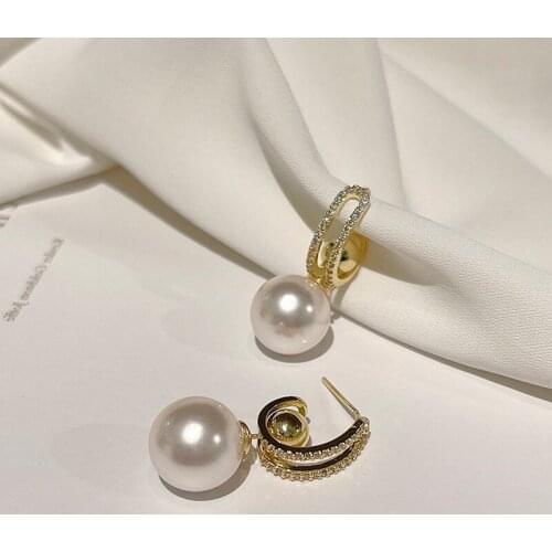 ALLNEWME Dainty Big Simulation Pearl Pendant Earrings for Women Ladies Hollow C Shape Shiny CZ Zircon Hoop Earrings Accessories