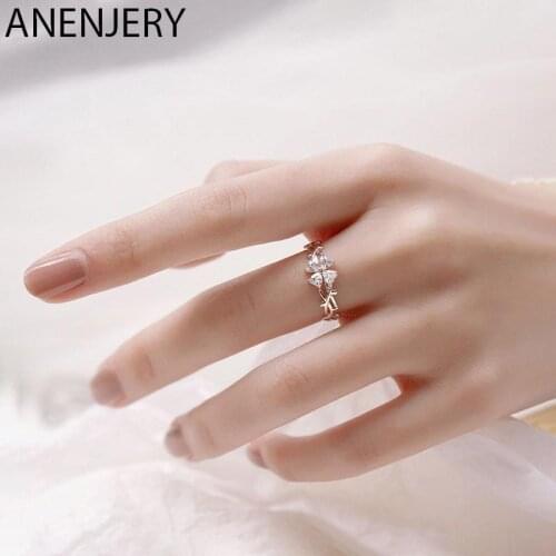 ANENJERY 925 Sterling Silver Shiny Leaf Adjustable Rings Temperament Personality Wedding Ring Valentines Day Gift S-R666