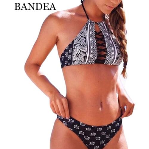 BANDEA 2019 sexy women swimsuit brand bikini set vintage print swimwear padded halter bikini cut out trajes de bano women KM532