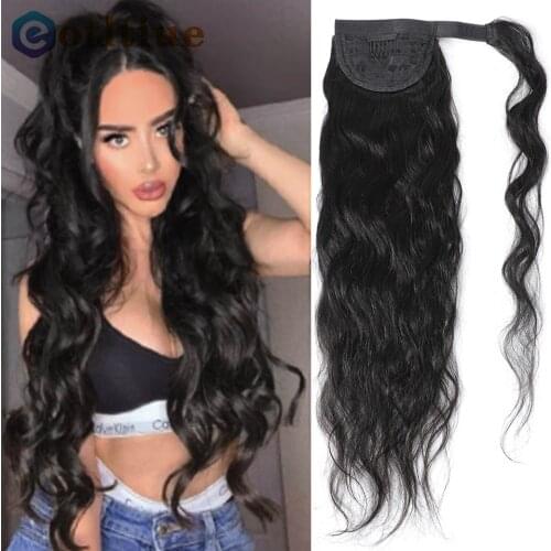 Long Wavy Ponytail Human Hair Wrap On Clip in Hairpiece Black Wave Extension African American Pony Tail 26" Body Wave for Women