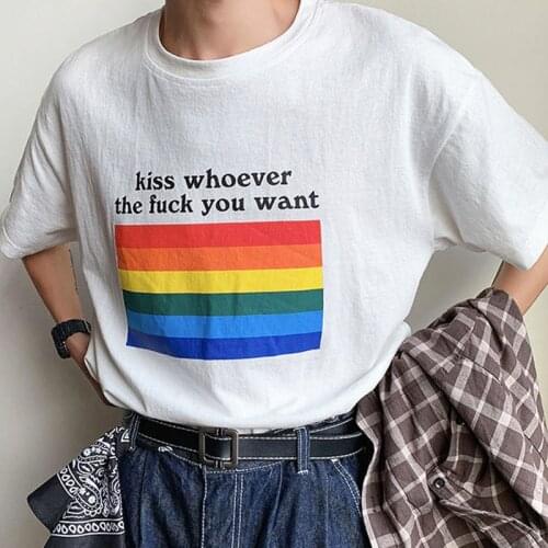 Kiss Whoever You Want Letters Print Street Fashion Grunge Tees Unisex Loose Cotton Graphic Shirts Short Sleeve Rainbow T Shirts