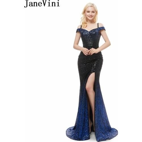 JaneVini Shiny Sequins Gradient Mermaid Evening Dresses 2020 Off Shoulder Sexy Side Split Backles African Ladies Long Party Gown