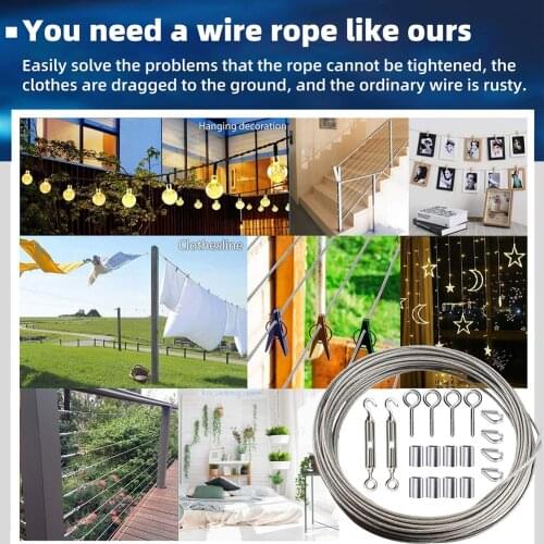 Wire Rope Kit for Sun Shade Tent Outdoor String Lights Hanging Kit 30/25/15Meter Coated Stainless Steel Wire Clothesline Kit