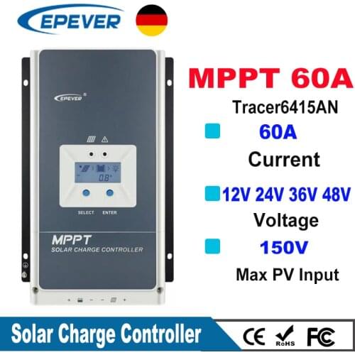 EPever MPPT 60A Solar Charge Controller 12V 24V 36V 48V Backlight LCD for Max 200V PV Input Real Time Recording 6415AN 6420AN