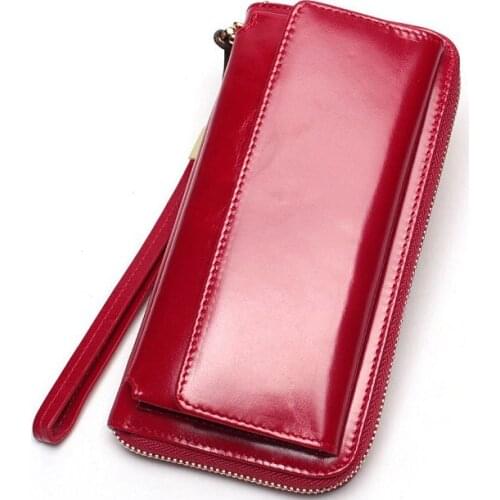 081 Split Patent Leather Cowhide Women Long Purse Unisex Zip Wallet