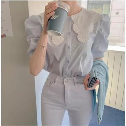 Summer Korean Style Retro Embroidery Big Lapel Puff Sleeve Short-sleeved Shirt