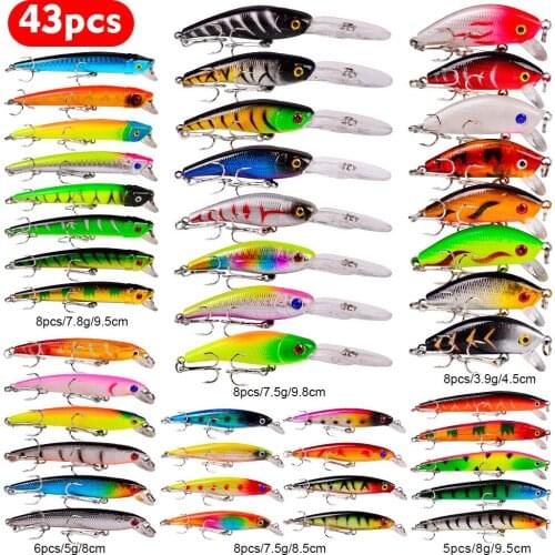 Lidafish New 43pcs Minnow Artificial Hard Bait Set Mixed Lifelike Wobbler Crankbait Fishing Lure Set Carp Fishing Tackle