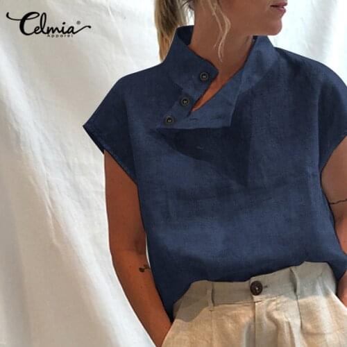 Celmia 2021 Fashion Blouse Women Elegant Denim Short Sleeve Tunic Tops Casual Loose Buttons Blusas High Collar Solid Party Shirt