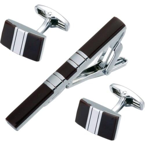 The new high quality Black Enamel Silvery striped tie clip Cufflinks set men French Cufflinks tie clip Free shipping