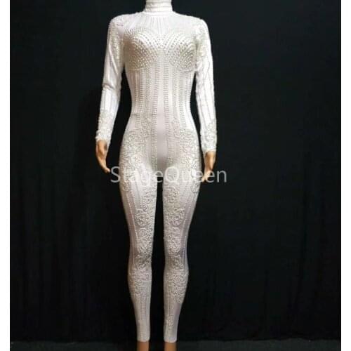 New White Pearls Stones Blue Plaid Pattern Jumpsuits Spandex One Piece Womens Birthday Party Outfit Women Singer Leggings