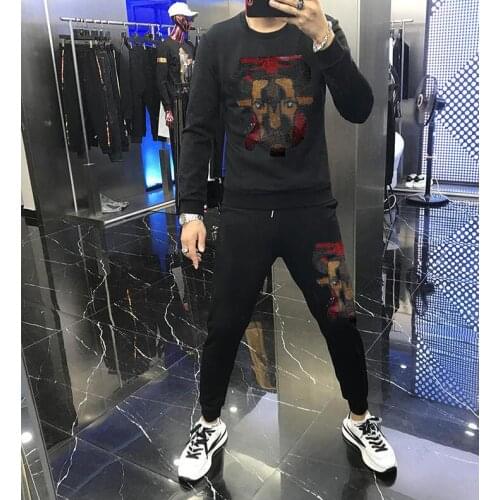 New Men Set Fashion Brand Tracksuit Diamond stoneThick Sportswear Suit Male Winter drop ship