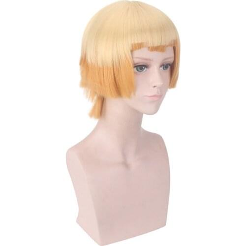 Anime Demon Slayer: Kimetsu no Yaiba Zenitsu Agatsuma Wig Short Golden Brown Wig Heat Resistant Hair Cosplay Wigs + Wig Cap