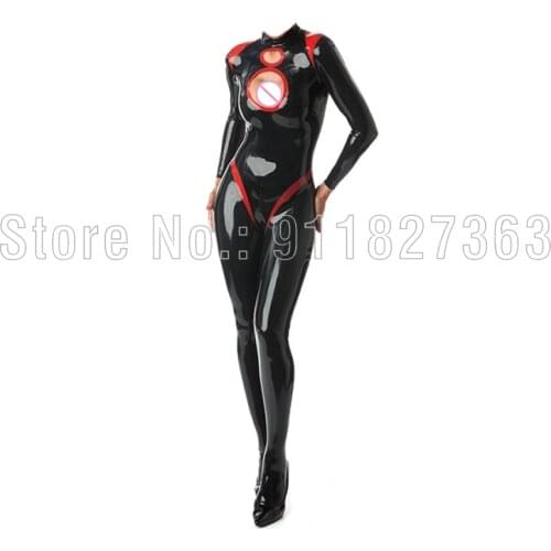 100% Latex Catsuit Red Trims Sexy Attractive Bodysuit Latex Rubber open Breast Style with Back Crotch Zipper Customize