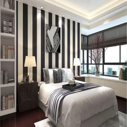 Q QIHANG Modern Minimalist PVC Stripes Wallpaper Roll Black&white Color 0.53m*10m=5.3m2