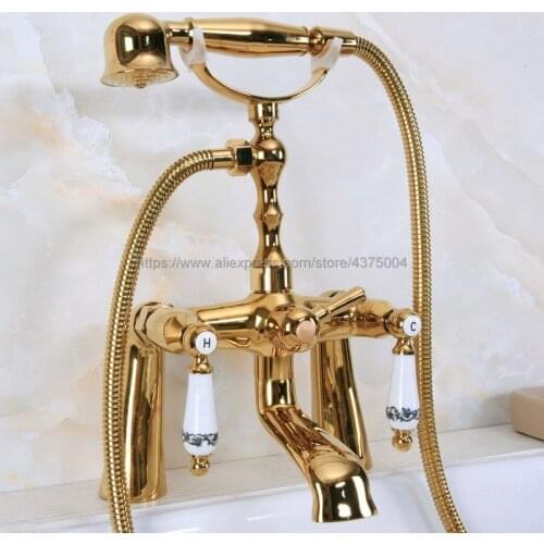 Luxury Gold Color Brass Dual Handle Bathroom Tub Faucet Deck Mounted Bathtub Mixer Taps with Handshower Nna142