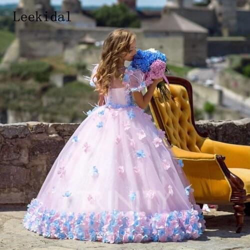 Pink 3D Floral Flowers Applique Girls Pageant Dresses Flower Girl Dresses Birthday Skirt Princess Skirt Custom Size 2-14