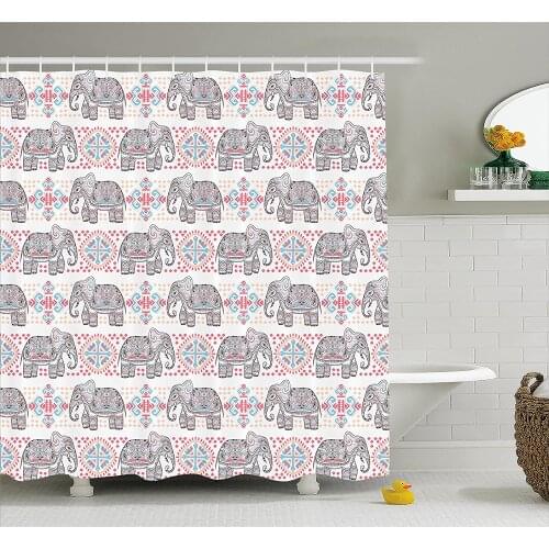 Tribal Shower Curtain Ethnic Asian Safari Theme Animal Elephant Nature Pattern Ethnic Print Bath Curtain With Hooks For Bathroom