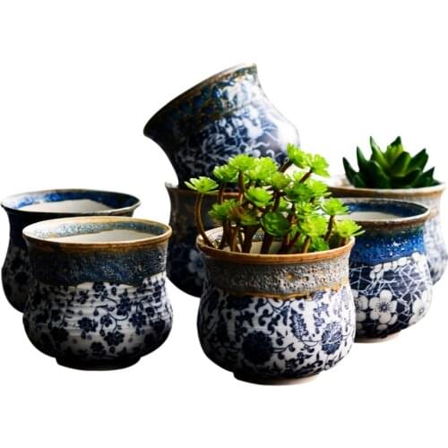 Blue And White Series Succulents Ceramic Flowerpot Flow Glaze Container Creative Pastoral Style Breathable Old Pile Flower Pot