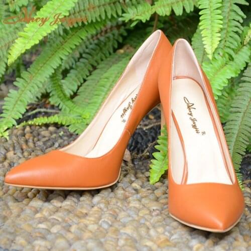 Solid Color PU Pointed Toe High Thin Slip-On Pumps Ladies Brown Large Size 5-14 Heels 2021 Sexy Office Career Shoes