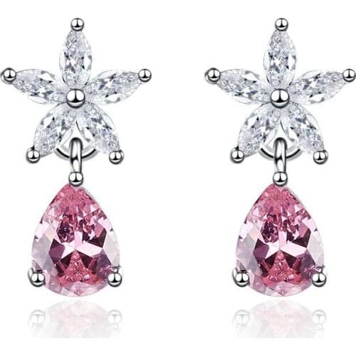 Womens Cute Romantic Flower Stud Earrings Pink Water-Drop Crystal AAA Zircon Stone Tiny Fashion Earring Piercing Jewelry Gift